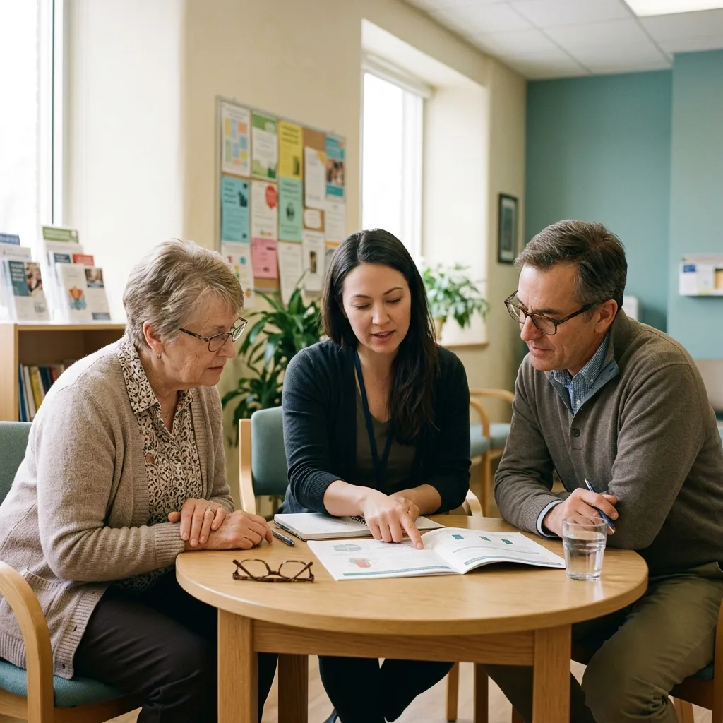 A health educator walking two people through an acupuncture information booklet