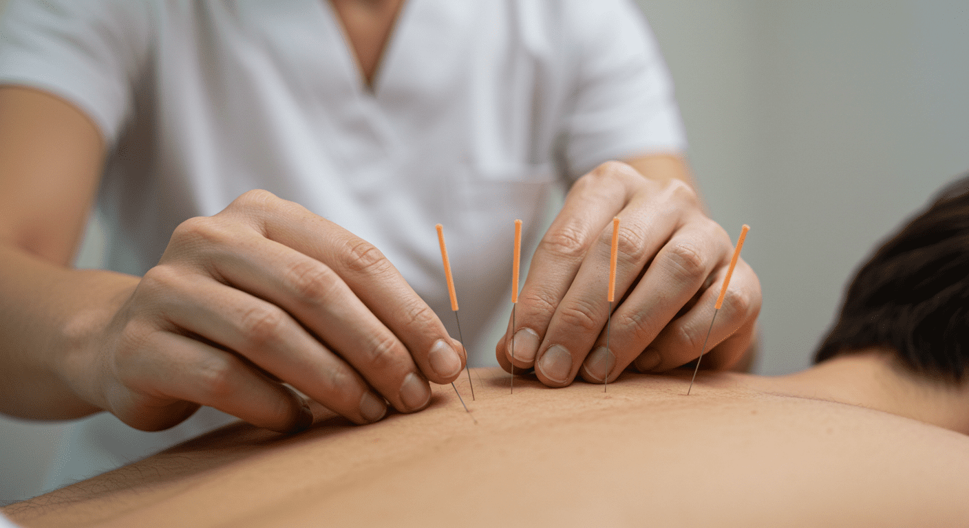 Acupuncturist inserting acupuncture needles in patient's back